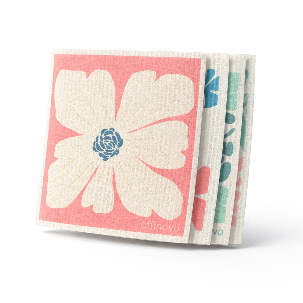 Eco-friendly floral cleaning cloths in pastel colors, stacked, reusable kitchen essentials