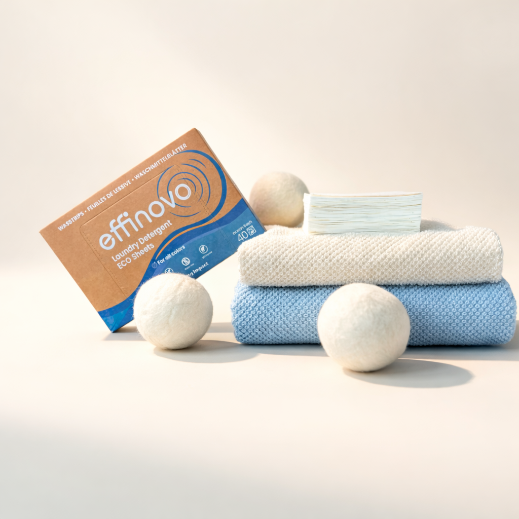 Eco-friendly laundry detergent sheets with wool dryer balls and folded towels