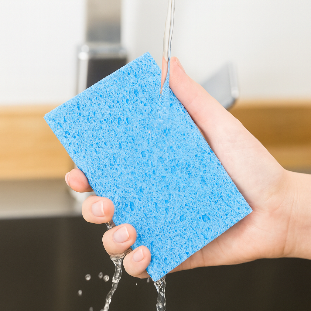 Blauwe EFFINOVO Pop-up Spons onder stromend water