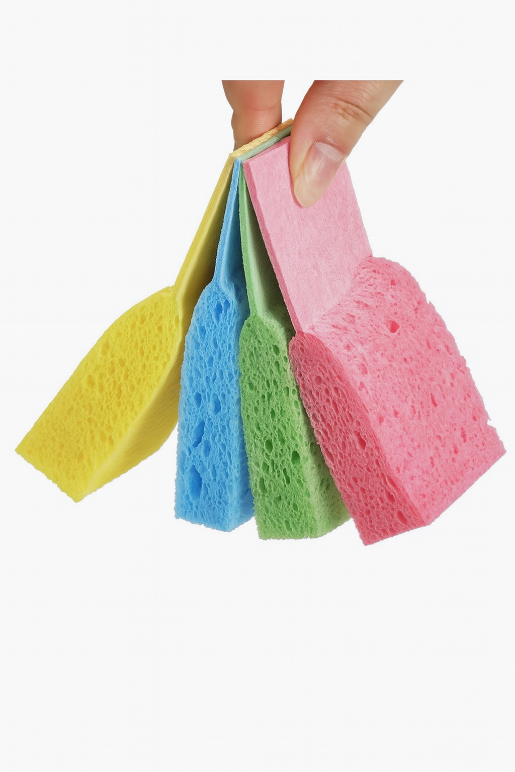 Vier kleurrijke EFFINOVO Pop-up Sponzen compact in de hand