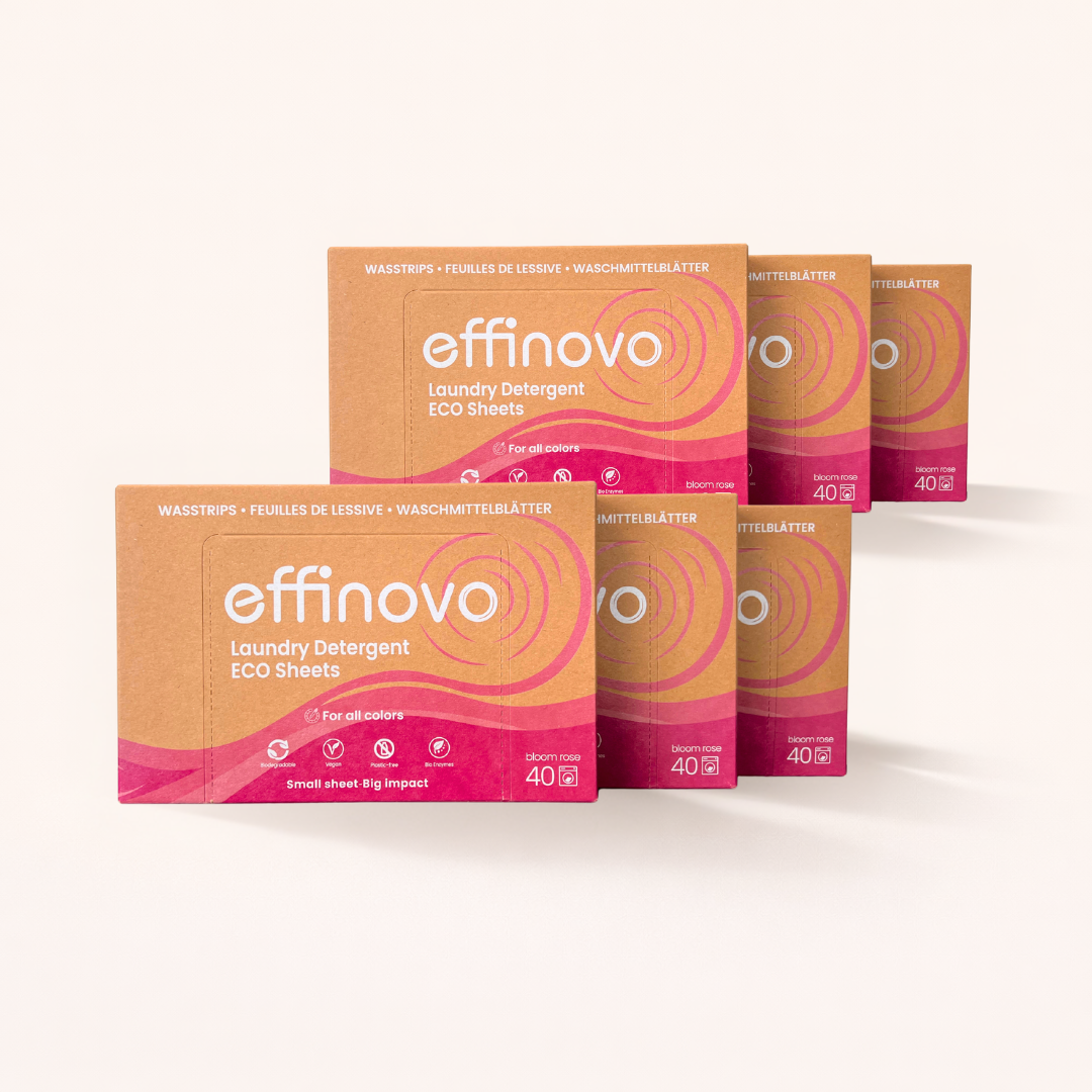 Effinovo laundry detergent eco sheets in brown and pink packaging, five boxes, bloom rose scent.