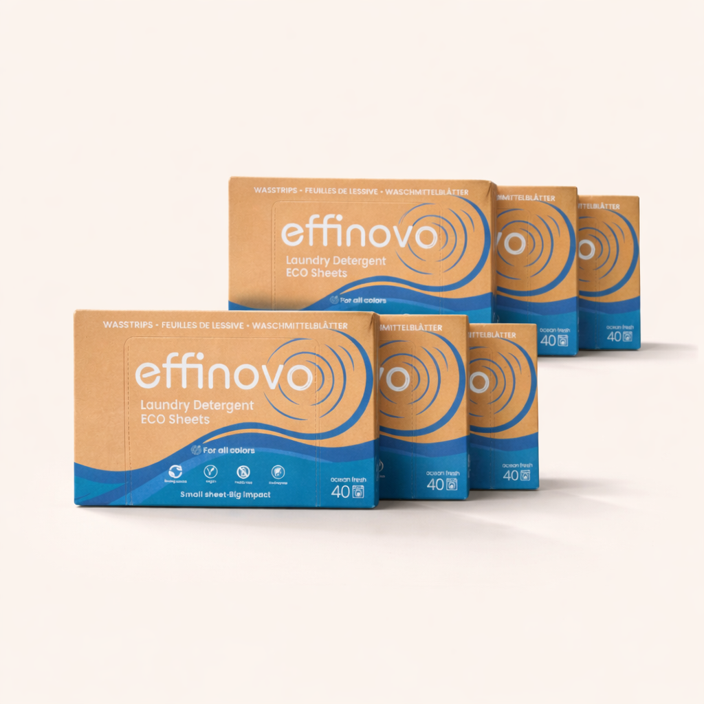 Effinovo eco-friendly laundry detergent sheets in brown and blue boxes, set of six.