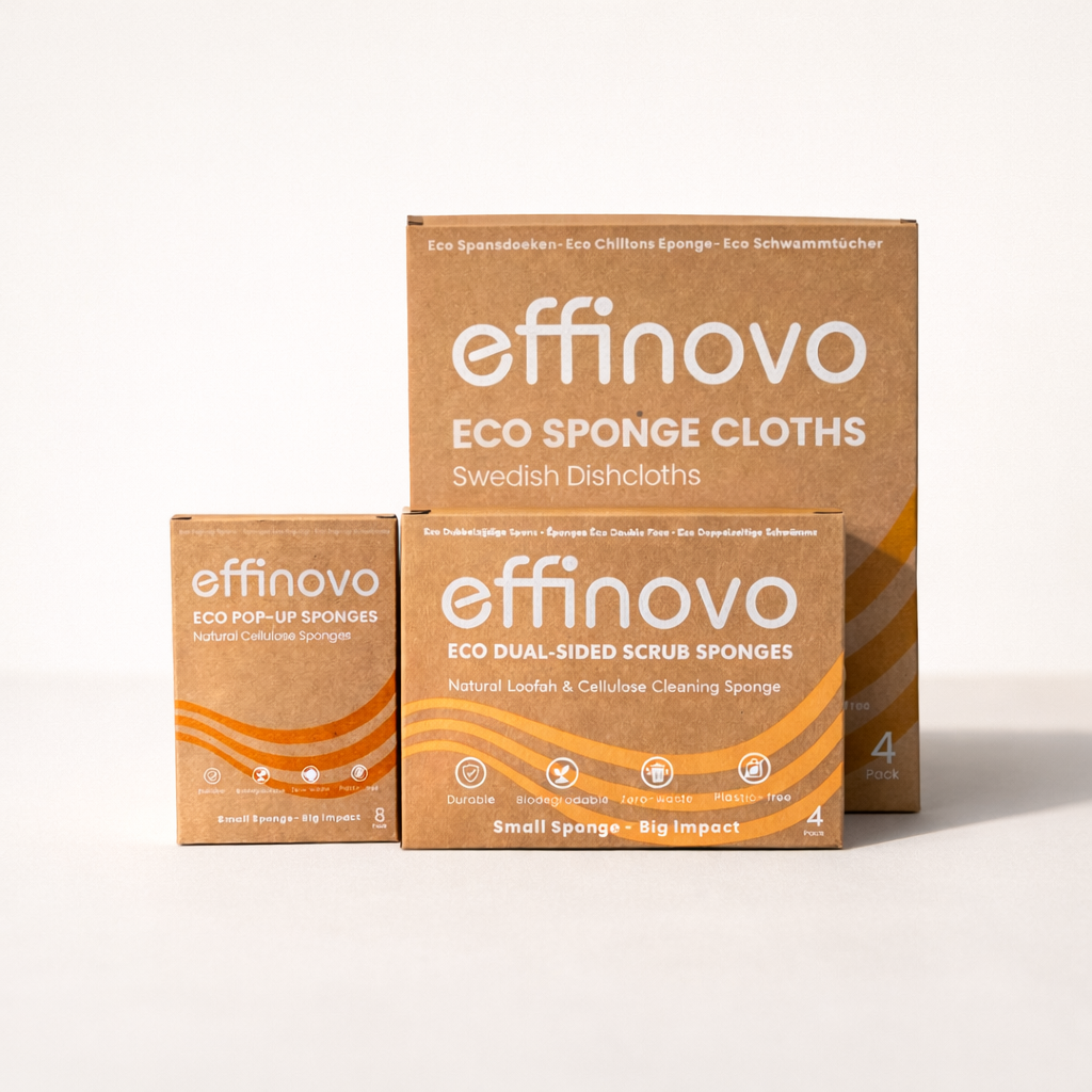 Eco-friendly cleaning sponge and dishcloth sets in cardboard packaging on a white background