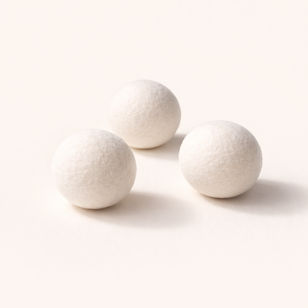 Three white eco-friendly wool dryer balls on a light background