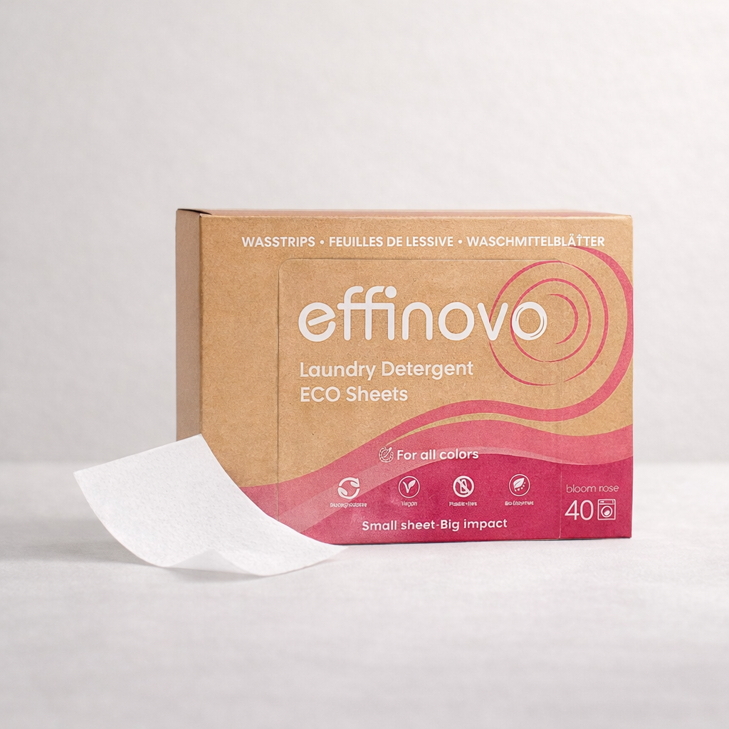 Eco-friendly laundry detergent sheets in cardboard box, bloom rose scent, for all colors