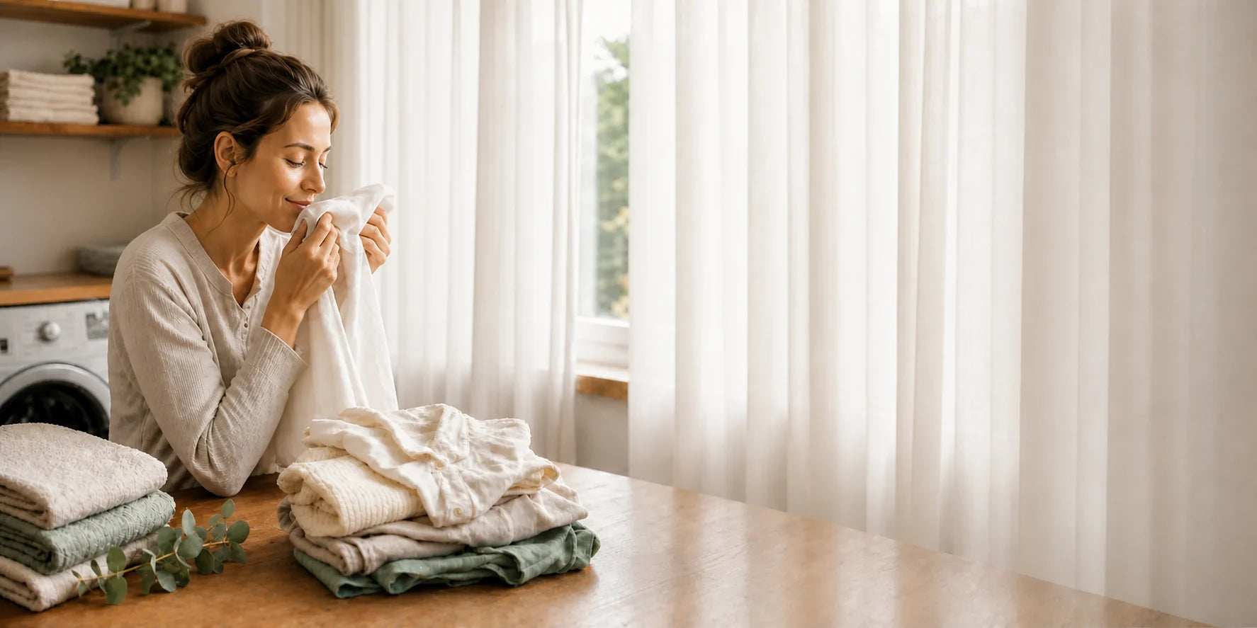 Een vrouw geniet van frisgewassen kleding in een lichte wasruimte